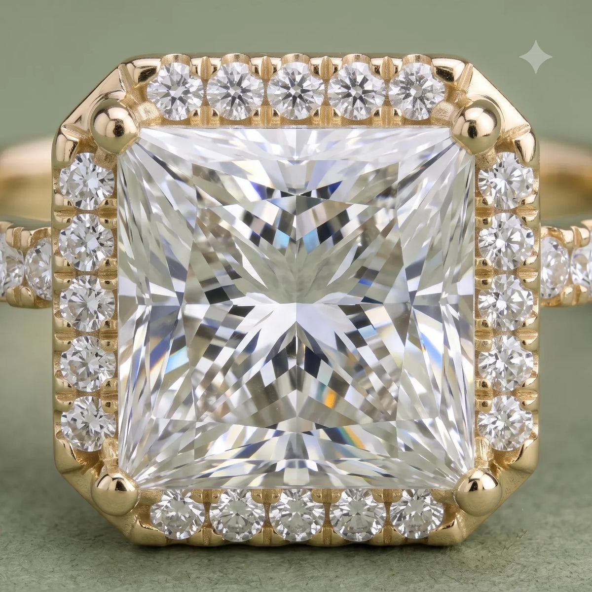 Macro close-up top view displaying the intricate faceting of a 4 carat princess cut center diamond and halo border.