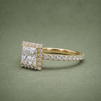 Three-quarter perspective view of a 2 carat princess cut lab diamond halo engagement ring.