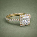 Elevated view showcasing the brilliant square halo and continuous diamond pavé band.