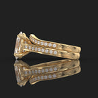 Side profile view of a 3 CT oval lab grown diamond engagement ring paired with a curved pavé wedding band in yellow gold.