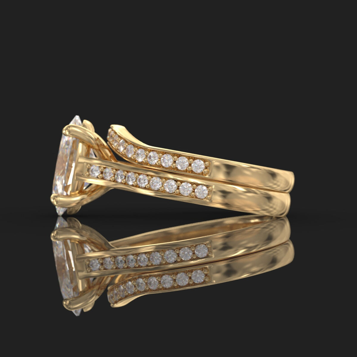 Side profile view of a 3 CT oval lab grown diamond engagement ring paired with a curved pavé wedding band in yellow gold.