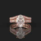 Front view of a 3 carat oval lab grown diamond engagement ring set with matching curved pavé band in rose gold.