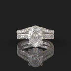 White gold 3 CT oval cut lab diamond engagement ring stacked with a contoured pavé accent band.