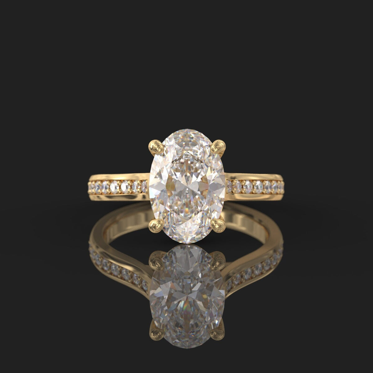 Front top-down view of a 3 CT oval lab grown diamond solitaire ring on a yellow gold pavé band.