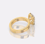Front angled view of a 2 carat pear cut solitaire lab diamond ring mounted on a polished flat yellow gold band.