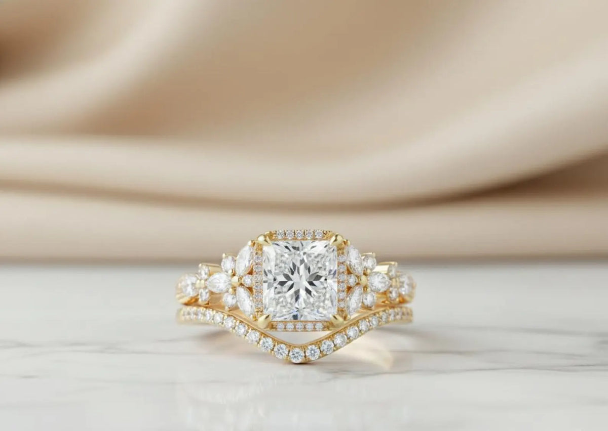 3 CT princess cut lab grown diamond halo engagement ring with floral marquise cluster sides and curved pavé band in yellow gold.