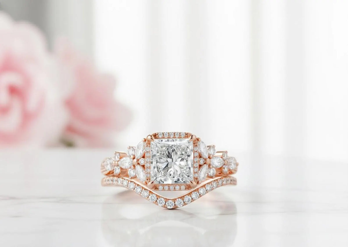 Front view of a 3 carat princess cut lab diamond halo bridal set in rose gold.