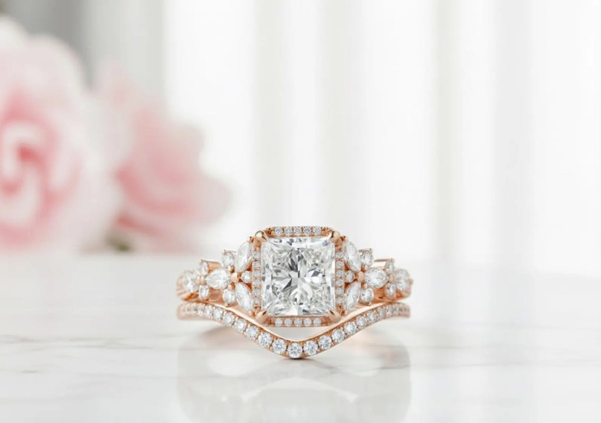 Close-up front view of a 3 CT princess cut lab diamond halo ring with curved diamond band in rose gold.