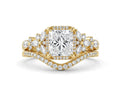Detailed studio view of a 3 carat princess cut lab diamond halo bridal set in 14K yellow gold.