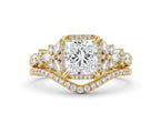 Detailed studio view of a 3 carat princess cut lab diamond halo bridal set in 14K yellow gold.