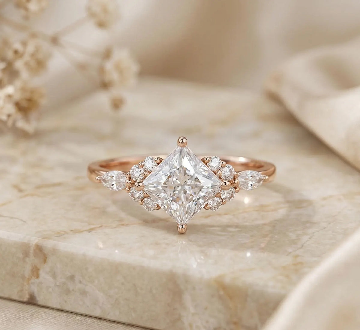 Rose gold 3 CT compass-set princess cut lab grown diamond ring with cluster side stones