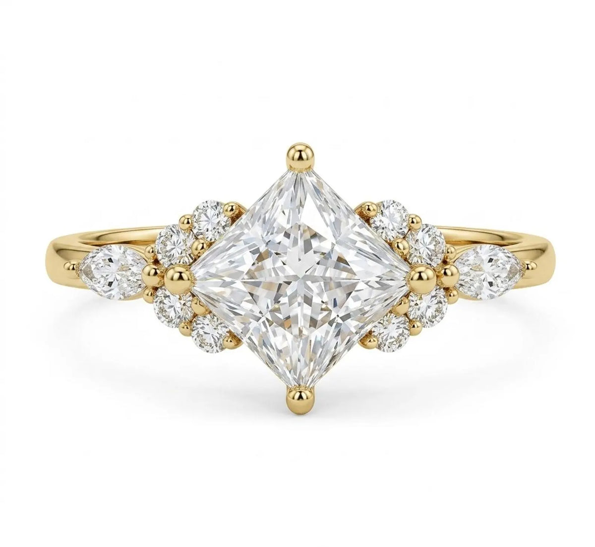Top-down studio shot of a 3 carat kite-oriented princess cut lab diamond ring with marquise and round side clusters.