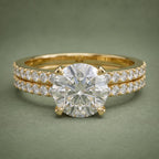Direct top view of 3 CT round brilliant cut lab grown diamond solitaire paired with matching pavé band.