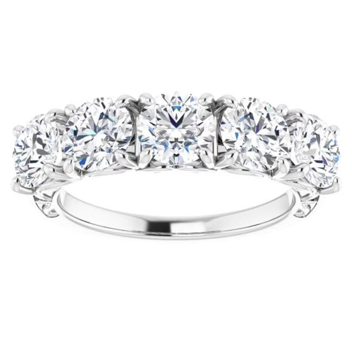 Front direct view of a 5-stone round cut lab grown diamond anniversary ring in white gold.