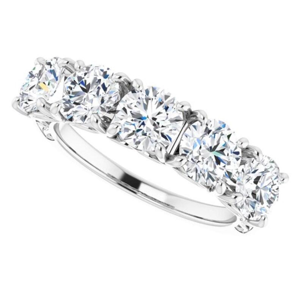 High angle perspective of 5 round lab grown diamonds shared-prong set on a white gold band.