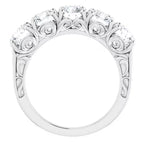 Side profile view showing intricate scroll filigree gallery underneath a 5-stone round lab diamond ring.