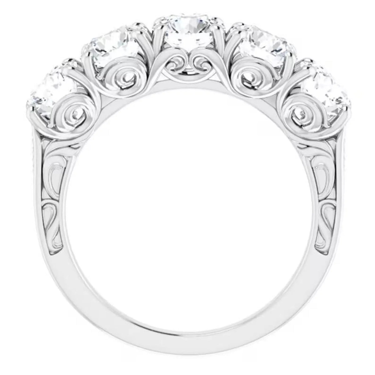 Side profile view showing intricate scroll filigree gallery underneath a 5-stone round lab diamond ring.