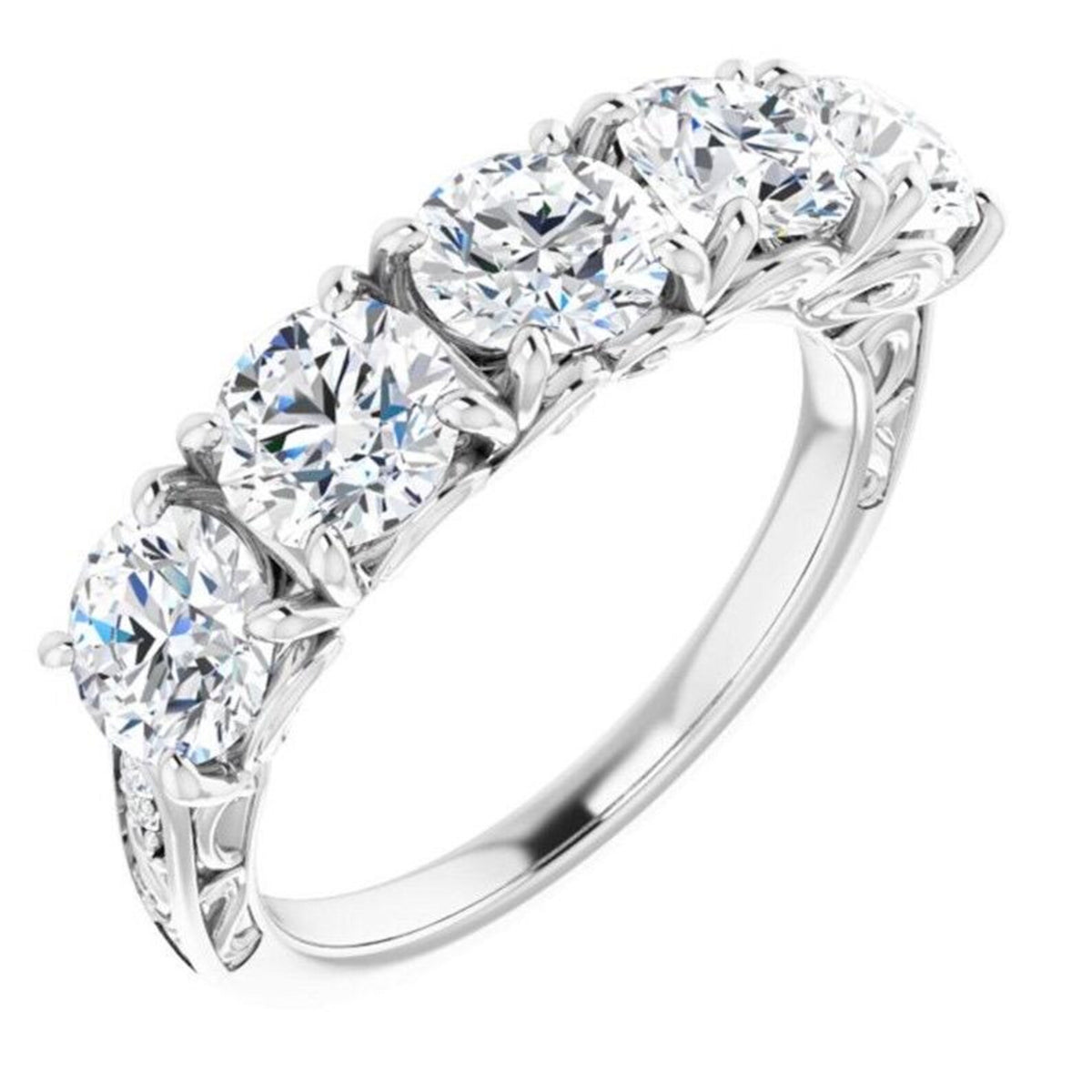 Perspective side view showing 5-stone round lab grown diamond ring with carved vintage filigree details.