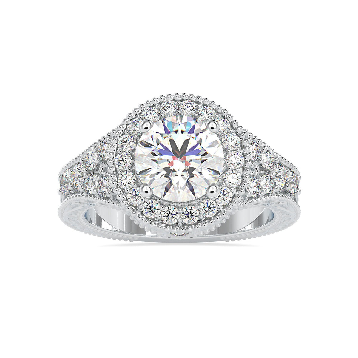 Direct front view of a 3 CT round lab grown diamond vintage engagement ring with milgrain halo in white gold.