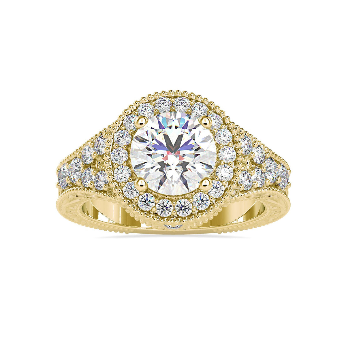 Direct top view of a 3 CT round cut lab grown diamond halo engagement ring crafted in yellow gold.