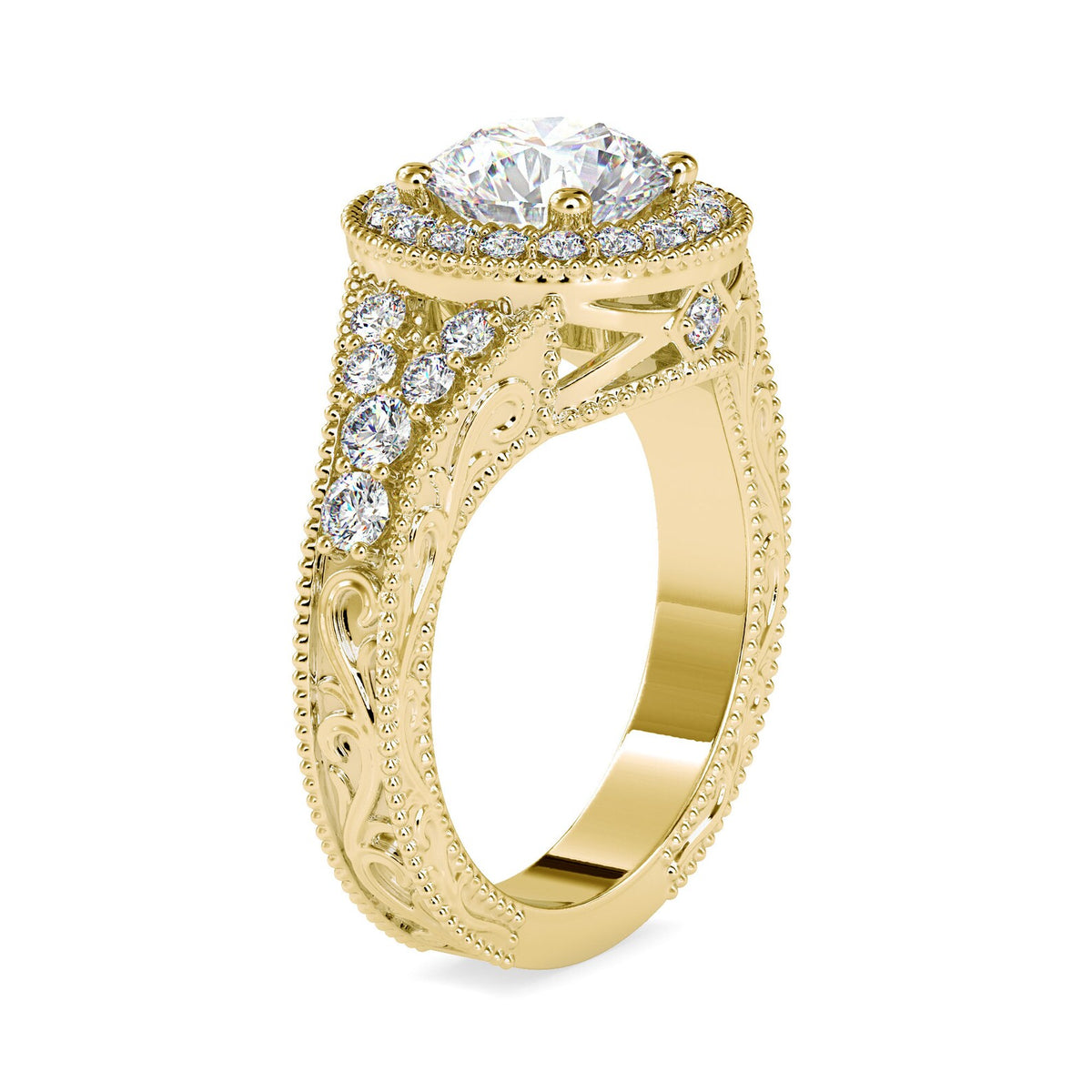 Side perspective showing hand-engraved scroll filigree and multi-row pave shoulders on a yellow gold ring.
