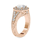 Side perspective view of a 3 CT round lab diamond ring with carved scroll filigree profile in rose gold.