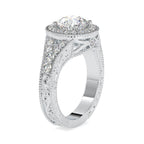 Detailed side elevation view of a white gold 3 CT round lab diamond ring featuring carved filigree details.