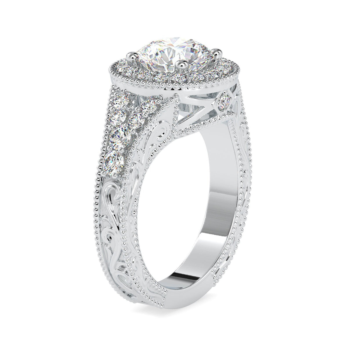 Detailed side elevation view of a white gold 3 CT round lab diamond ring featuring carved filigree details.