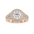 Front view of a 3 CT round cut lab grown diamond ring with milgrain halo set in rose gold.