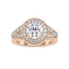 Front view of a 3 CT round cut lab grown diamond ring with milgrain halo set in rose gold.