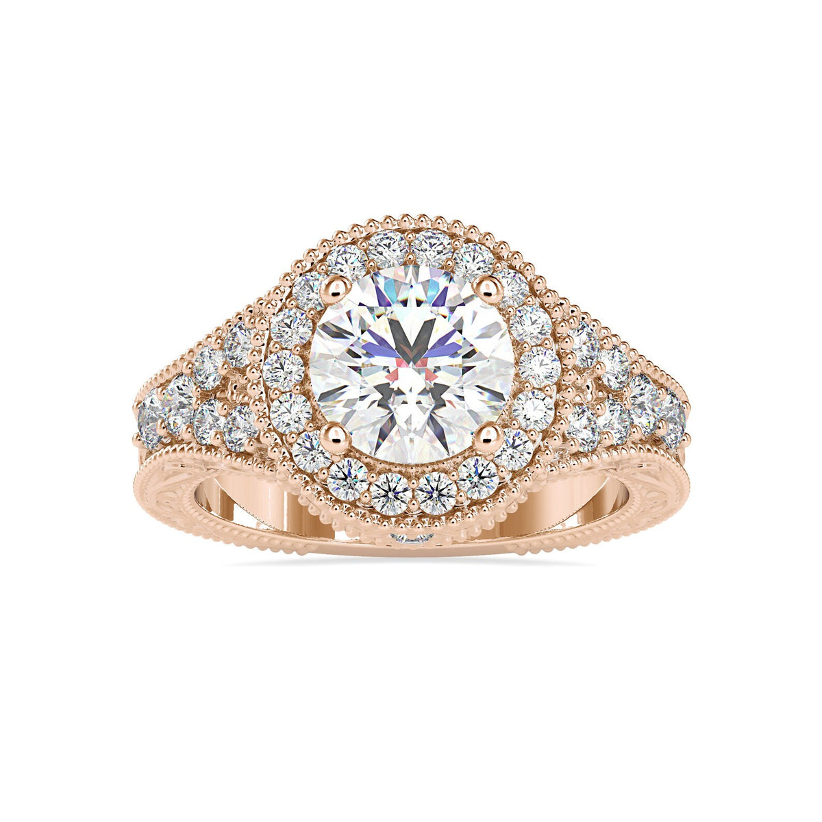 Front view of a 3 CT round cut lab grown diamond ring with milgrain halo set in rose gold.