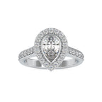 Front view of a 2 CT pear cut lab grown diamond halo engagement ring in white gold.