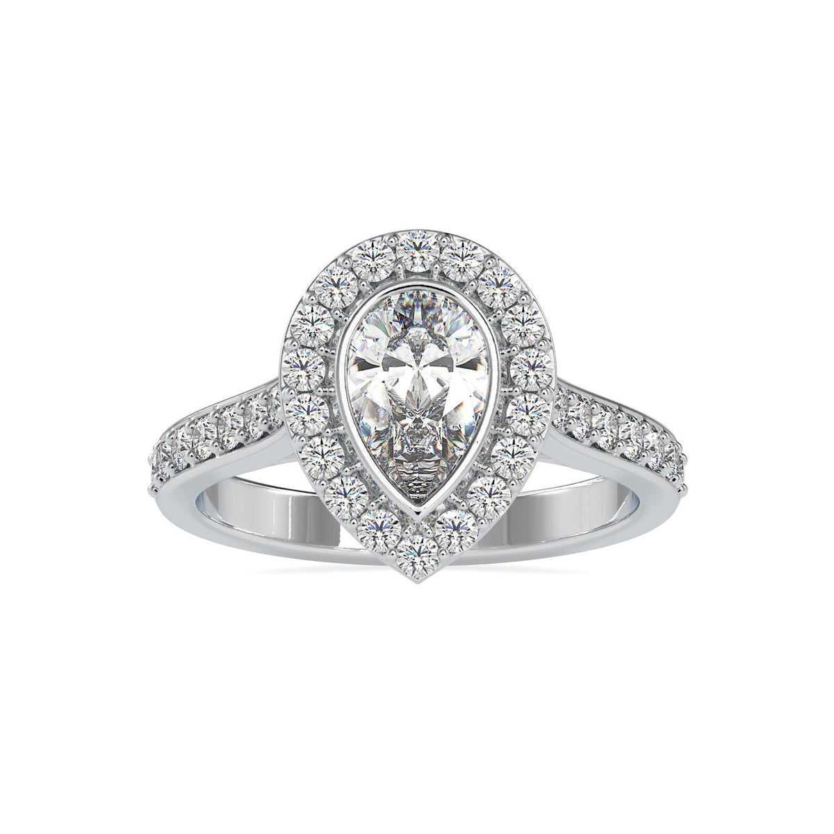 Front view of a 2 CT pear cut lab grown diamond halo engagement ring in white gold.