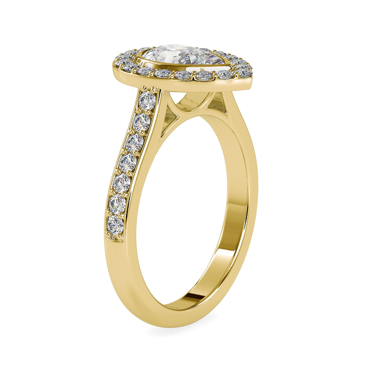 Profile side view of a 2 CT pear lab diamond halo ring with pave band in yellow gold.
