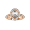 Front view of a 2 CT pear cut lab grown diamond halo engagement ring in rose gold.