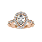 Front view of a 2 CT pear cut lab grown diamond halo engagement ring in rose gold.