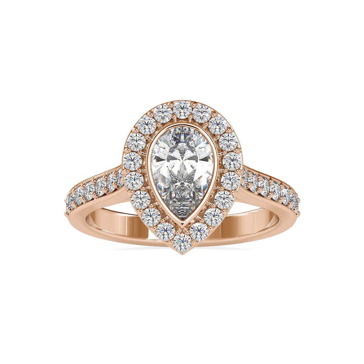 Front view of a 2 CT pear cut lab grown diamond halo engagement ring in rose gold.