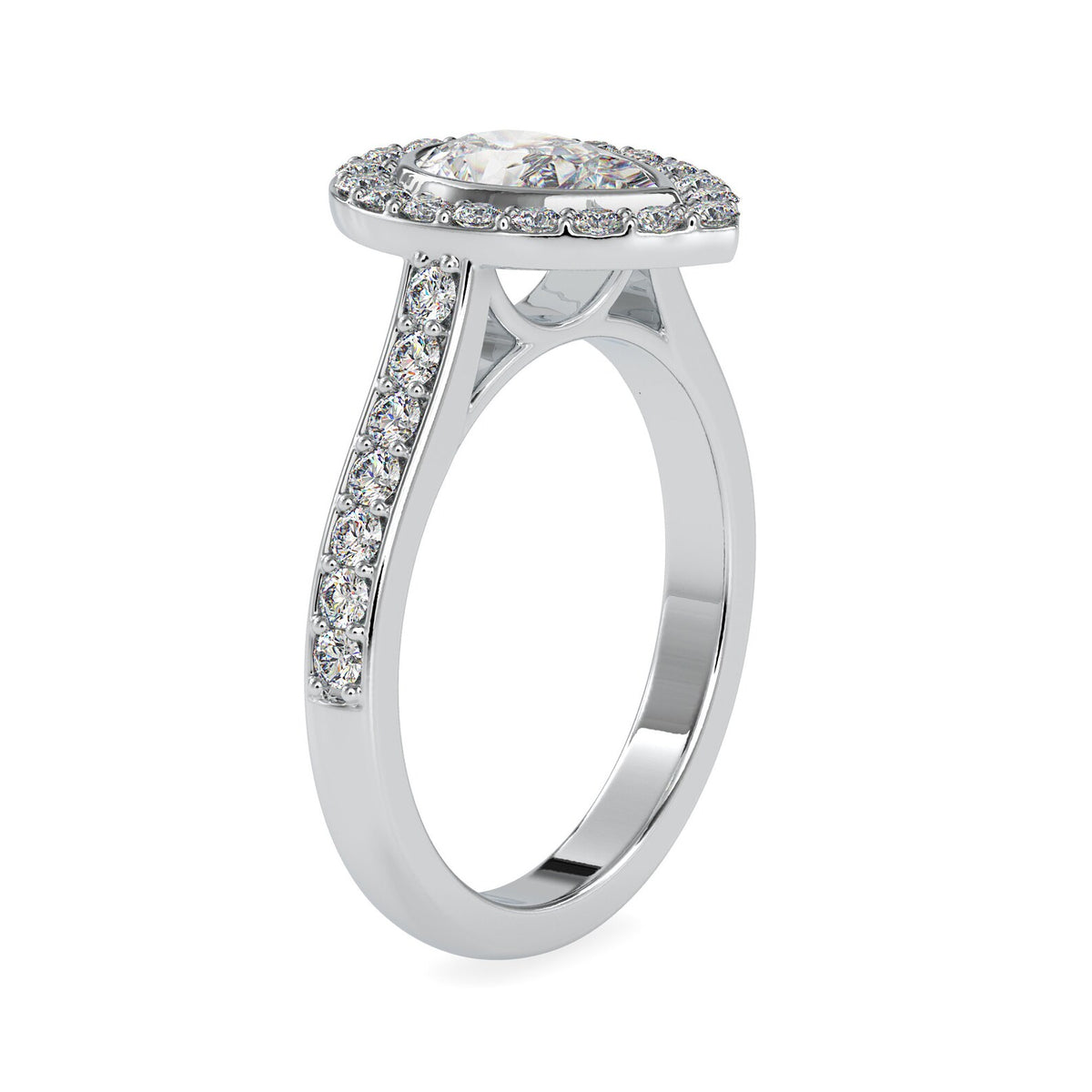 Side profile view of a 2 CT pear cut lab grown diamond halo ring in white gold.