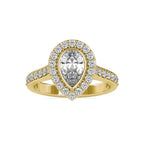 Direct front view of a 2 CT pear cut lab diamond ring with halo setting in yellow gold.