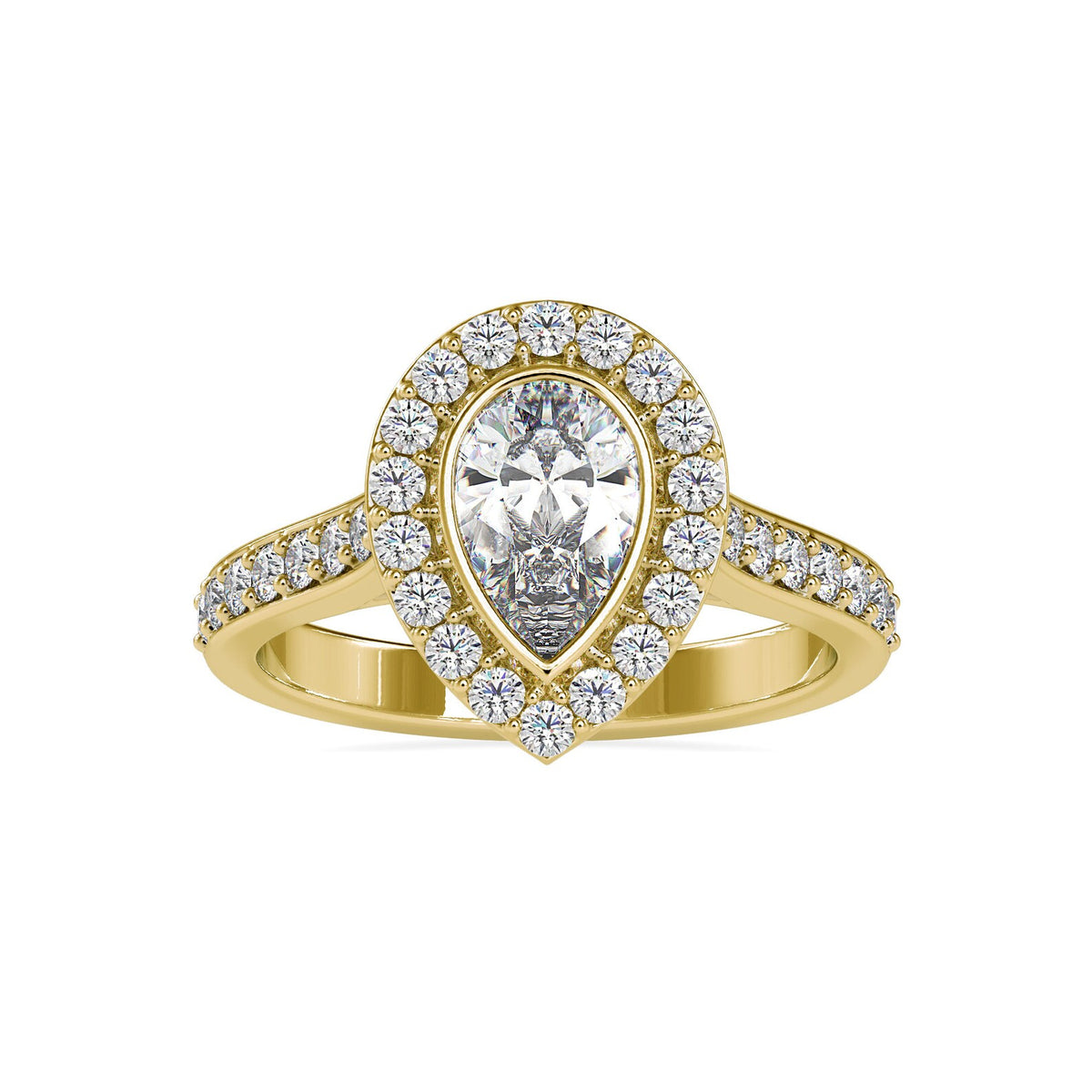 Direct front view of a 2 CT pear cut lab diamond ring with halo setting in yellow gold.