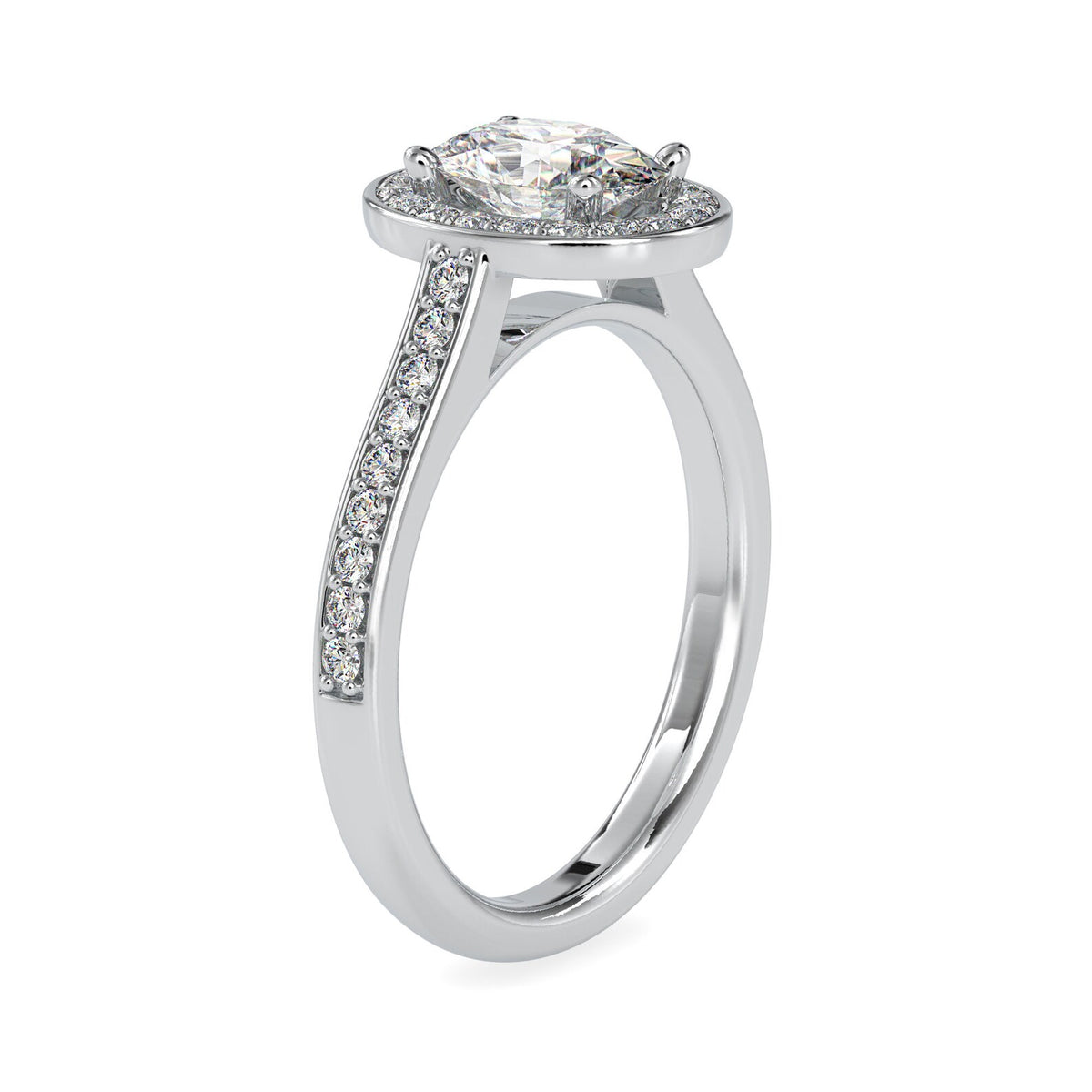Side profile view of a 2 CT oval lab grown diamond halo engagement ring with pave band in white gold.