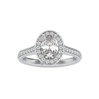Top-down view of a 2 CT oval cut lab grown diamond halo engagement ring in white gold.