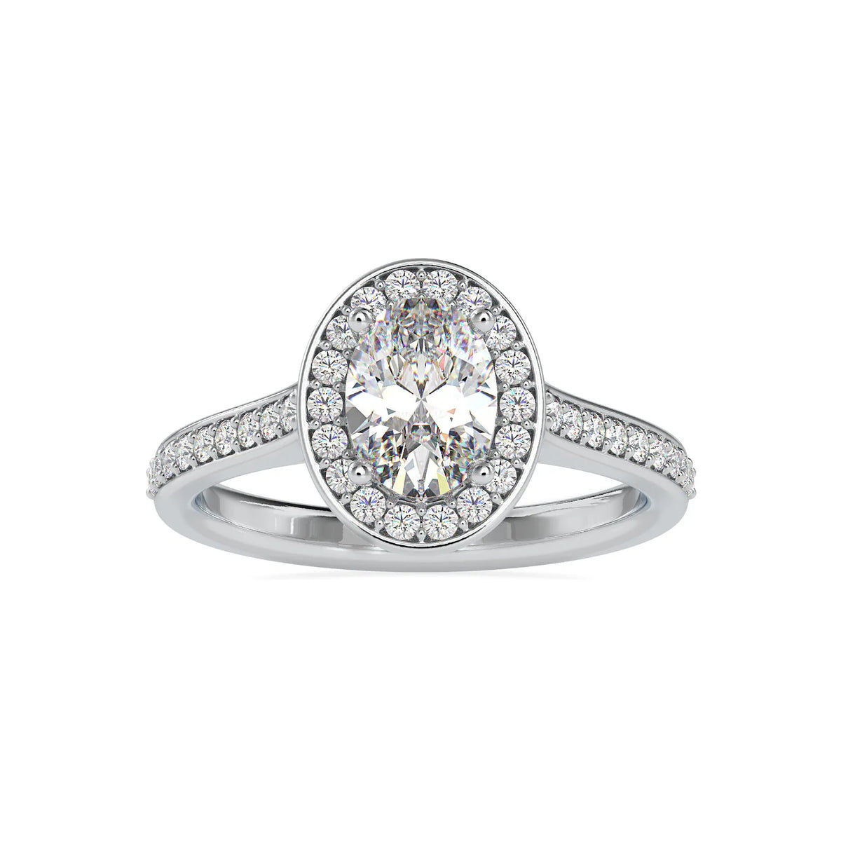 Top-down view of a 2 CT oval cut lab grown diamond halo engagement ring in white gold.