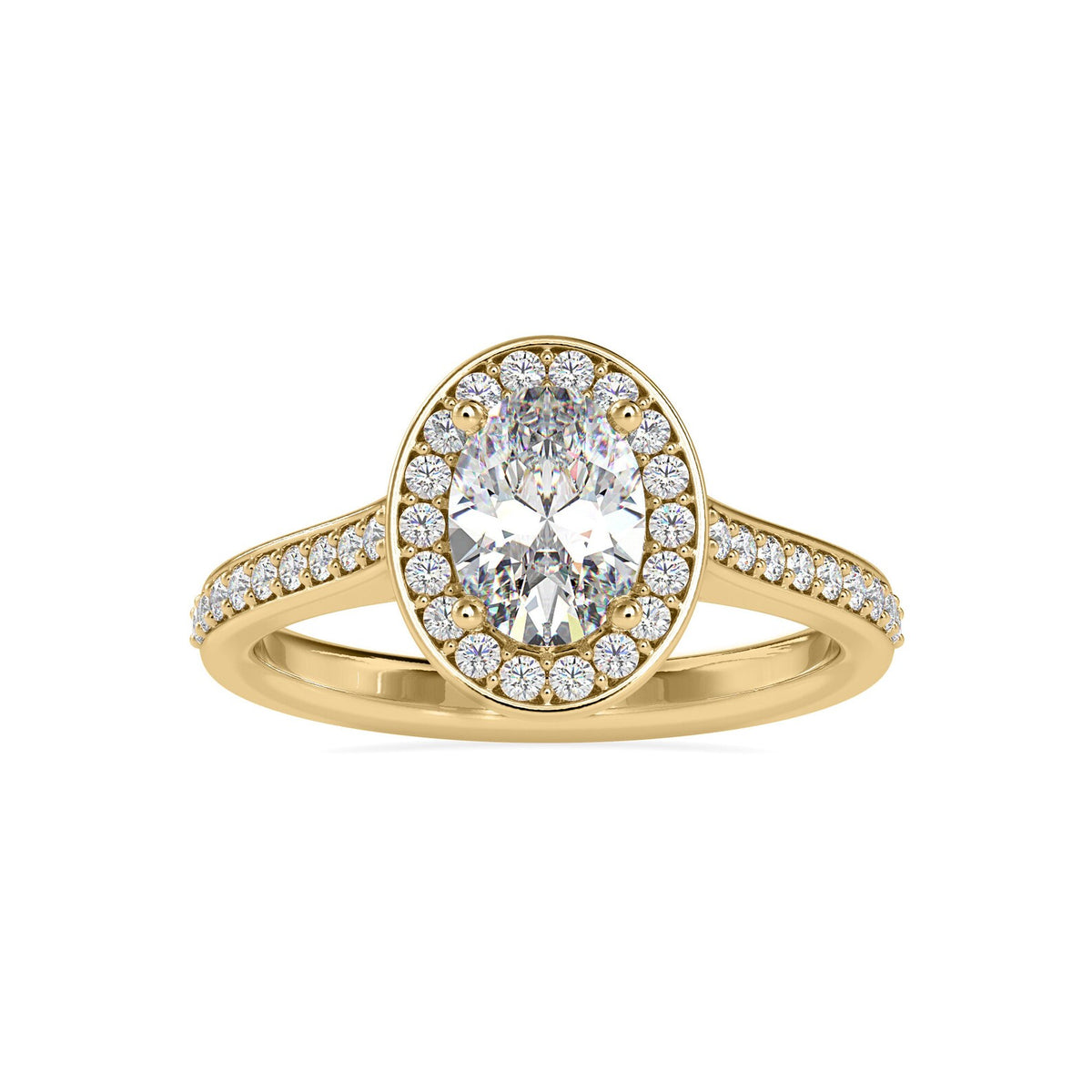 Direct top view of a 2 CT oval lab grown diamond halo ring crafted in yellow gold.