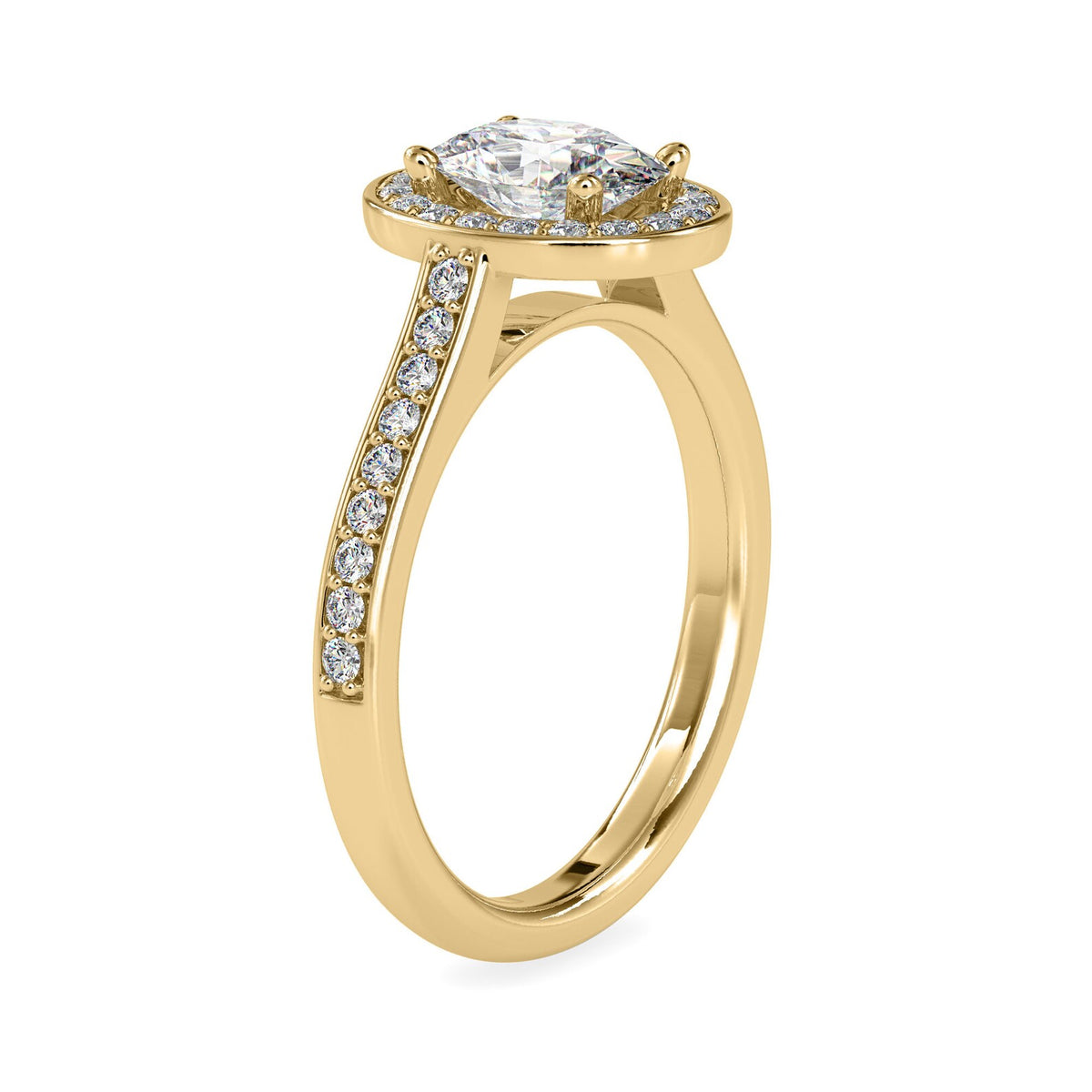 Angled side profile view of a yellow gold 2 CT oval lab diamond ring showing pave band details.
