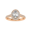 Top-down view of a 2 CT oval lab grown diamond engagement ring with halo setting in rose gold.