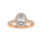 Top-down view of a 2 CT oval lab grown diamond engagement ring with halo setting in rose gold.