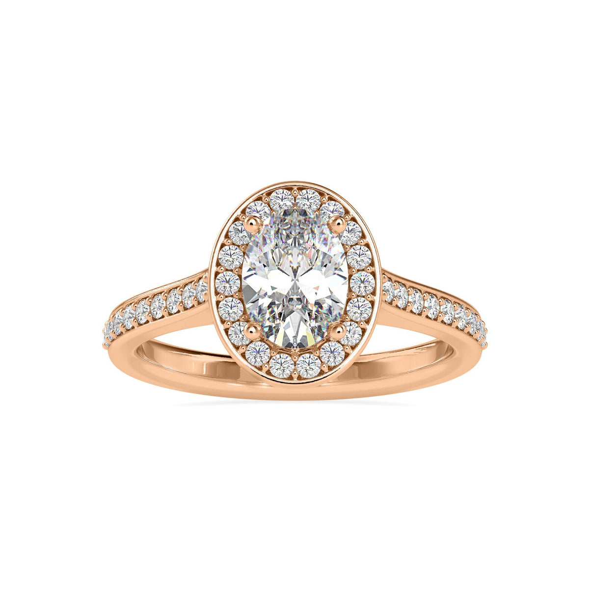 Top-down view of a 2 CT oval lab grown diamond engagement ring with halo setting in rose gold.