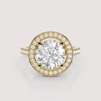 Direct top-down view of a 4 CT round lab grown diamond halo ring in yellow gold.