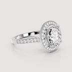 Front angled perspective of a 4 CT round cut lab grown diamond halo ring in white gold.